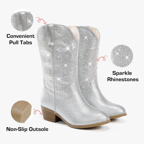 Rhinestone Kids Girls Silver  Cowgirl Boots Sparkly Dress Boot Pointed Toes - Picture 6 of 8